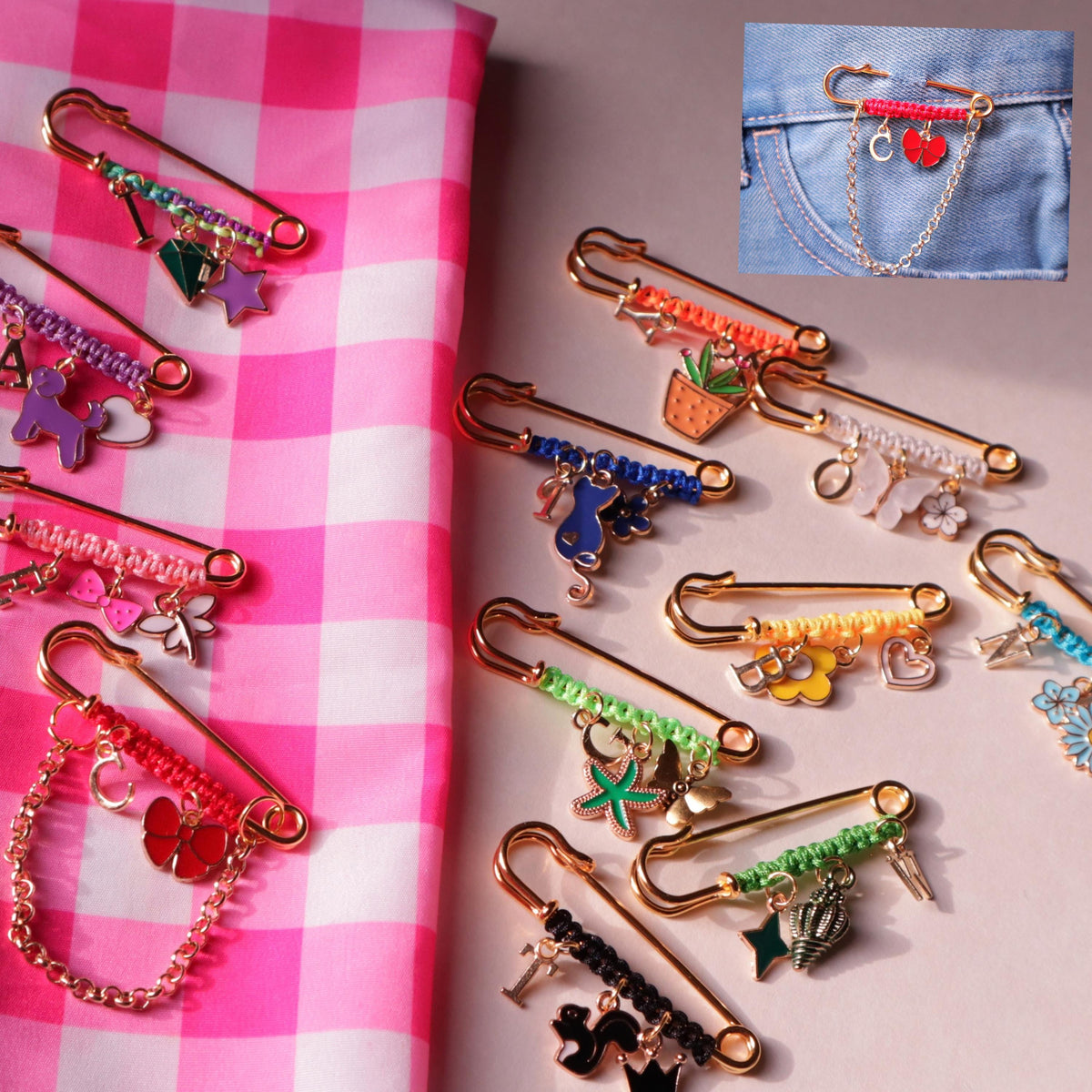 Personalized Safety Pin Bag Charm, Custom Letter Brooch
