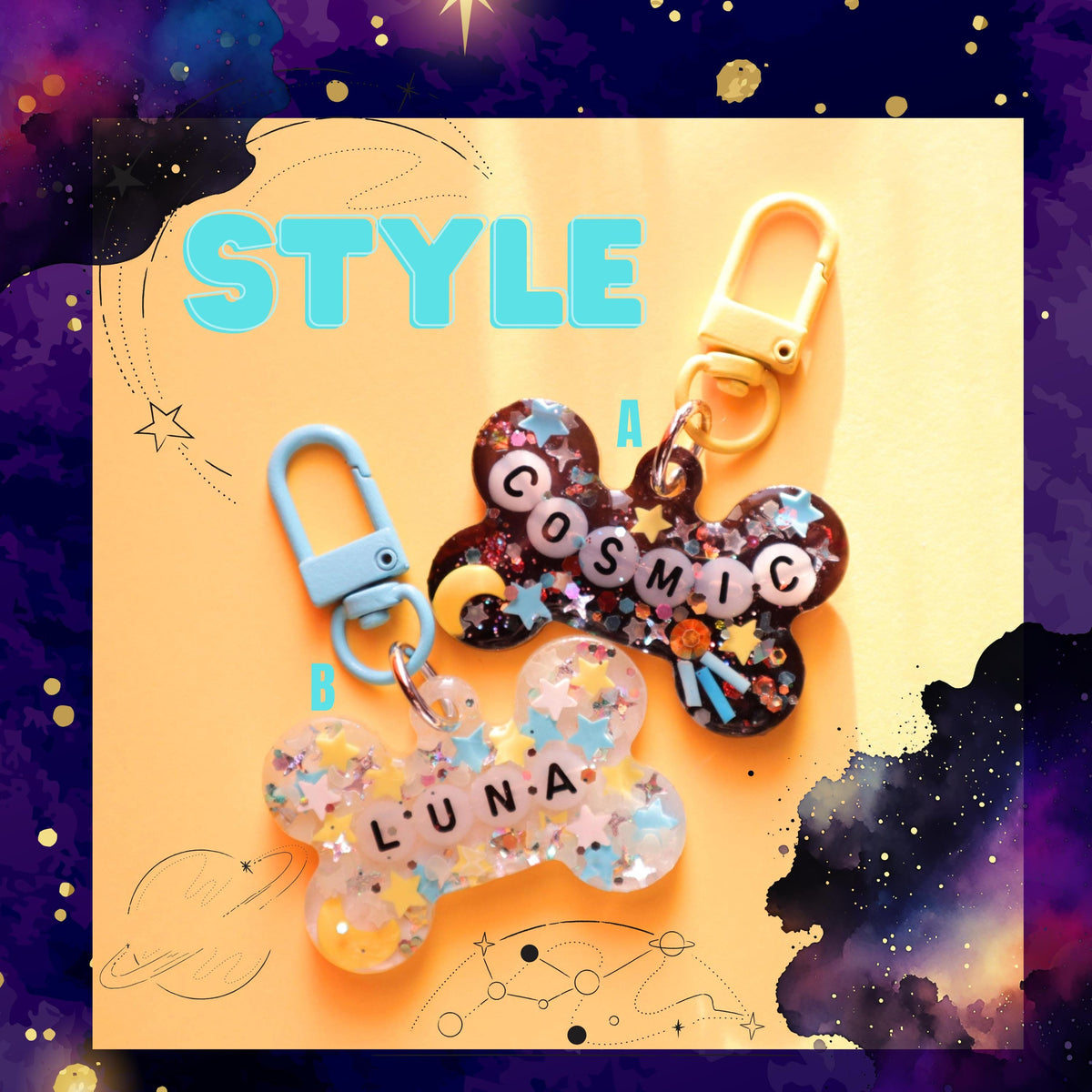 Personalized Glitter Resin Pet Tag with Letter Beads | Glow-in-the-dark Galaxy Themed