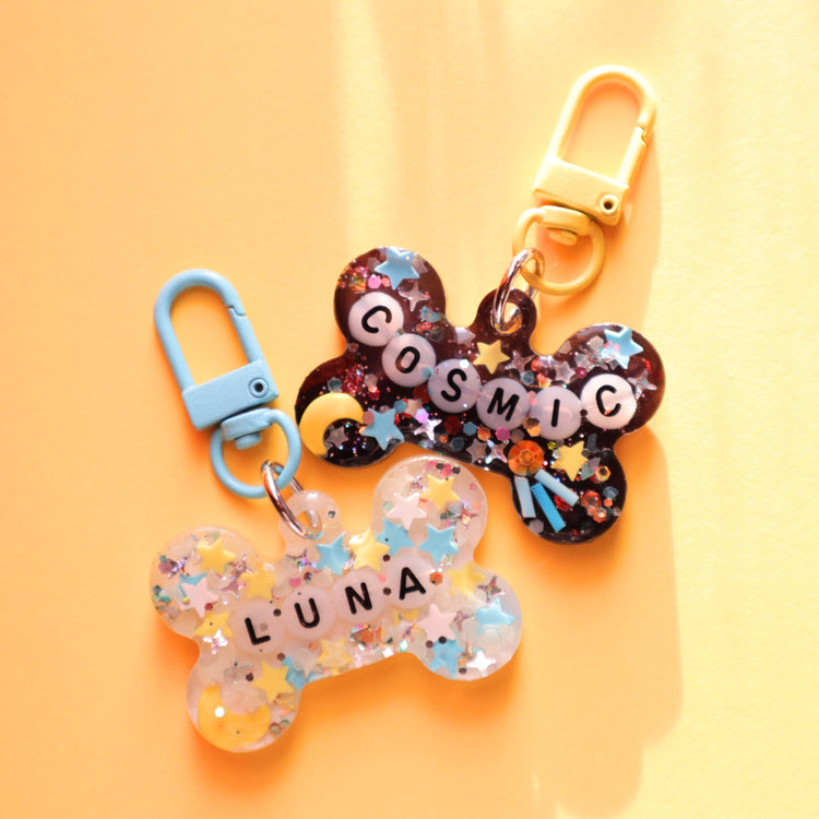 Personalized Glitter Resin Pet Tag with Letter Beads | Glow-in-the-dark Galaxy Themed