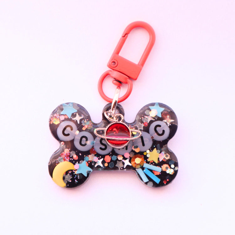 Personalized Glitter Resin Pet Tag with Letter Beads | Glow-in-the-dark Galaxy Themed